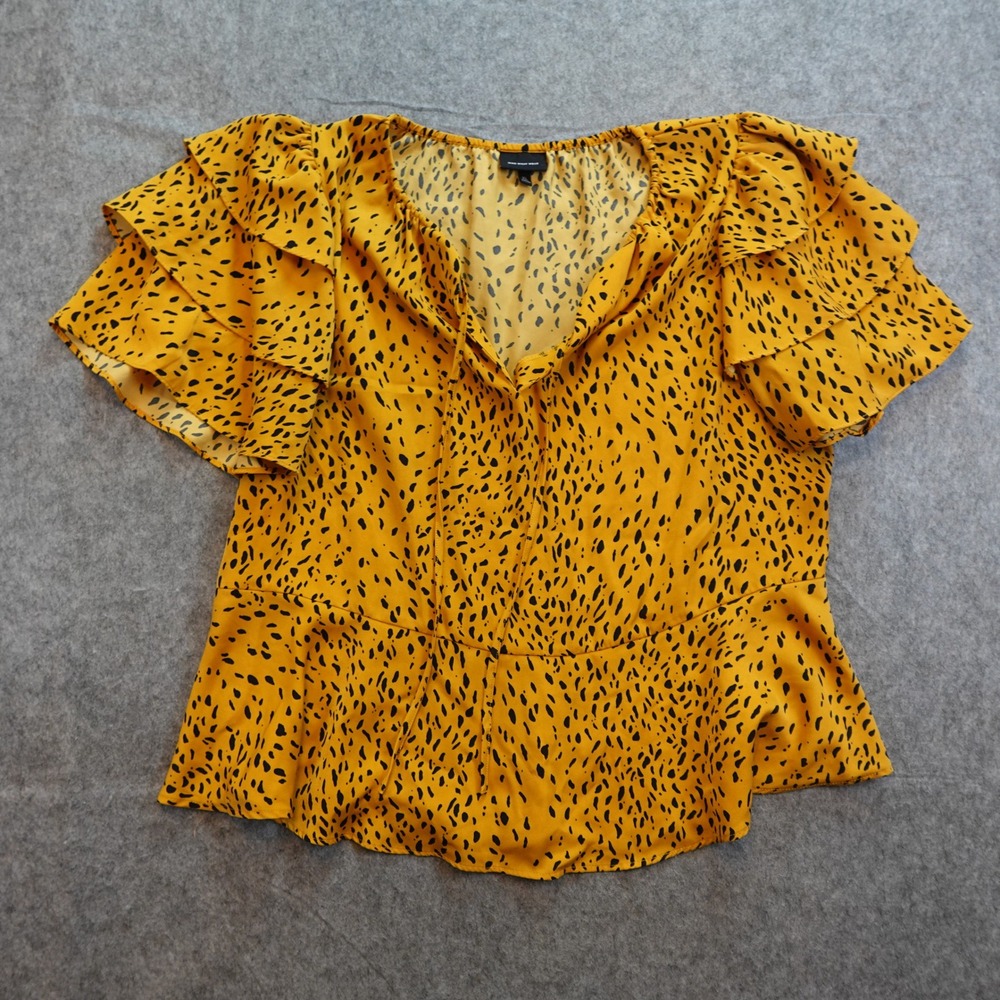 Who What Wear Top Women Extra Large Yellow Animal Print Ruffle Sleeve Peplum XL